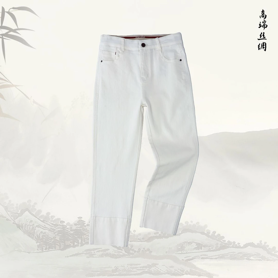 品牌新款白色窄版高腰显瘦牛仔烟管裤51907