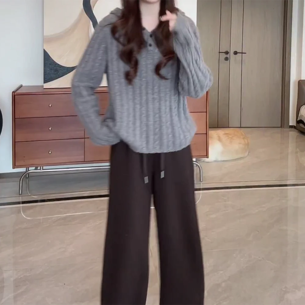 新款韩系简约休闲慵懒风宽松针织衫三扣连帽麻花毛衣C6501