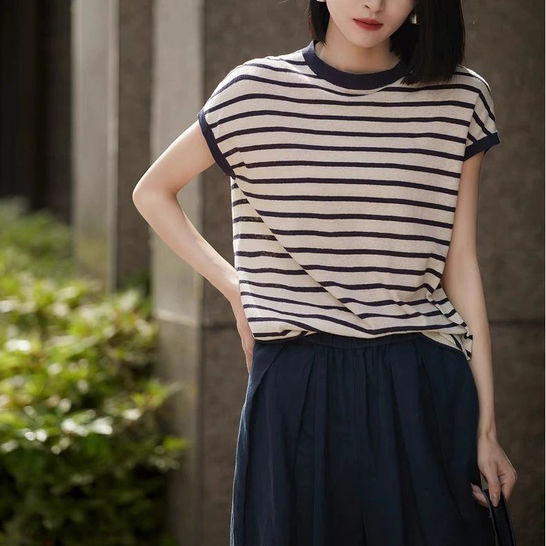 复古条纹薄款莱赛尔天丝短袖针织衫女夏季宽松显瘦设计感小众