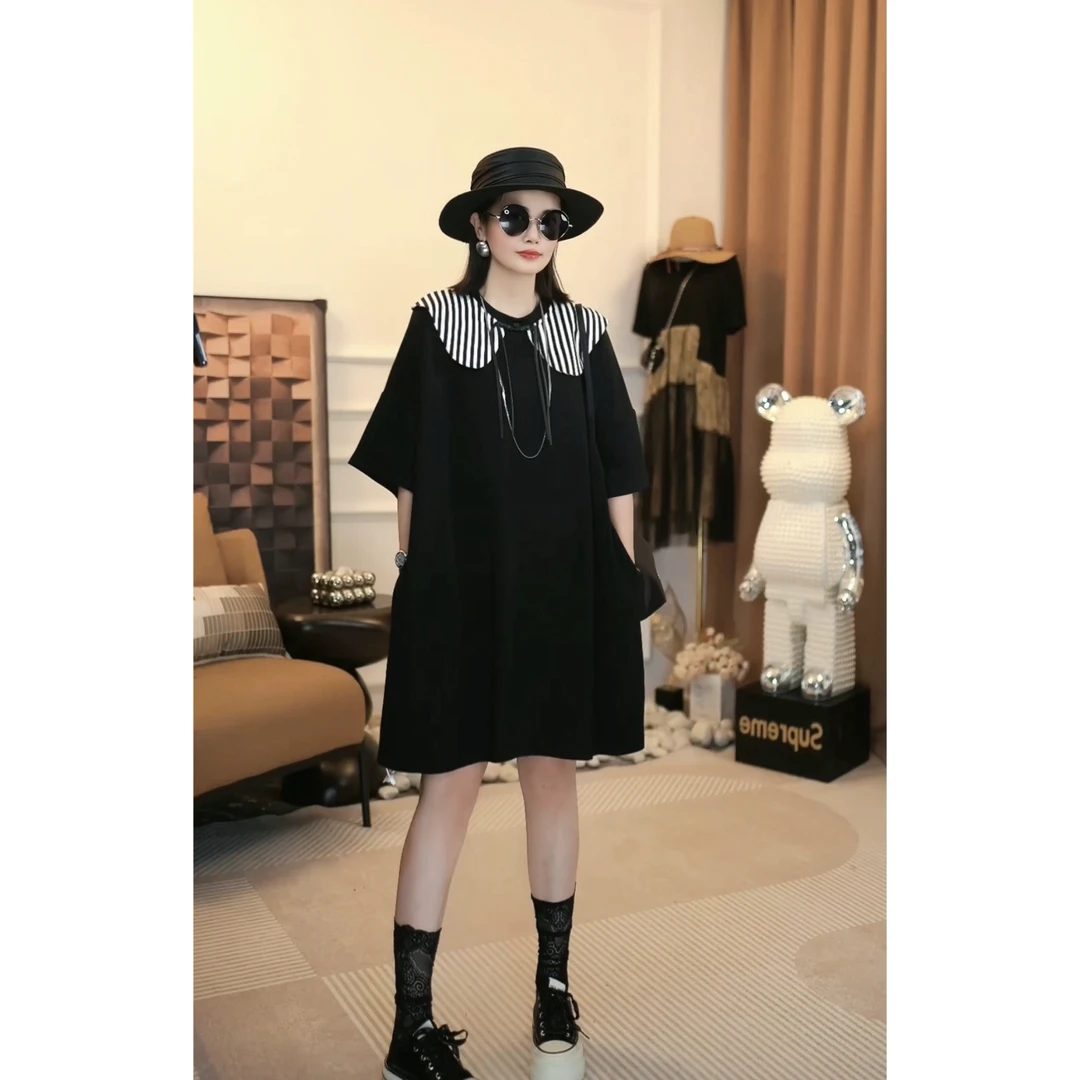 新中式条纹娃娃领连衣裙女夏季2025新款减龄宽松短袖黑色T恤裙