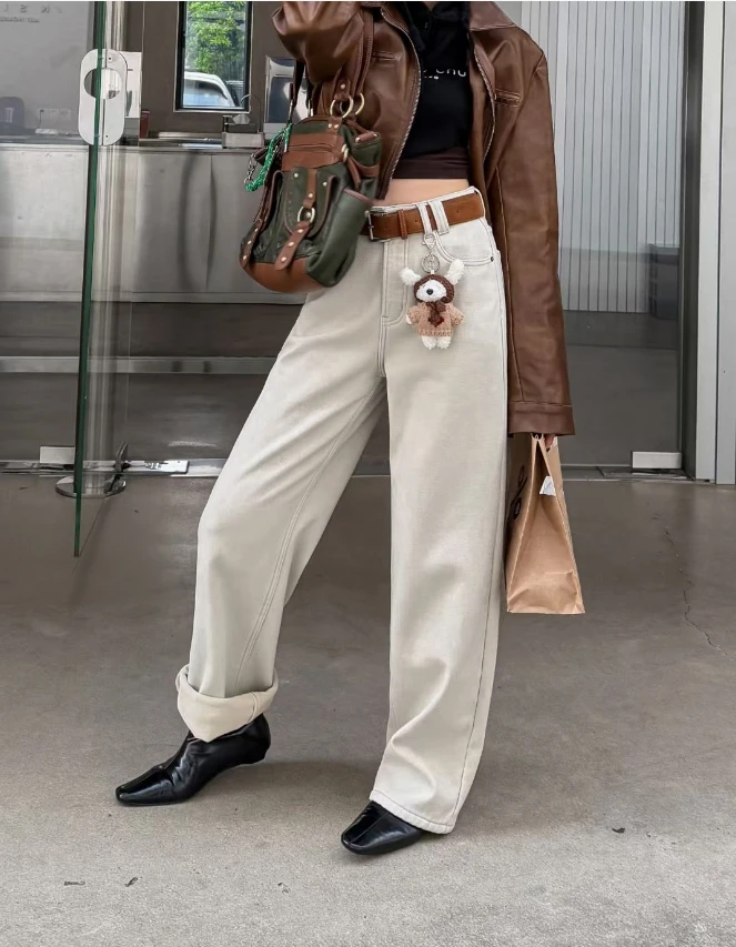 2025新款复合加绒保暖显瘦显腿直拖地窄版直筒裤高腰小熊女牛仔裤