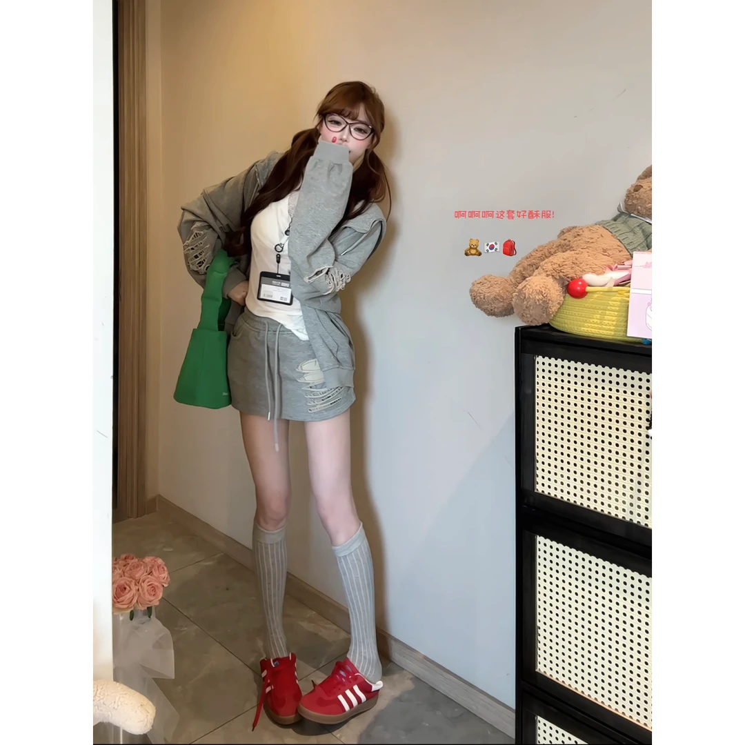 重工磨破洗水工艺宽松开衫卫衣套装女包臀半身裙两件套