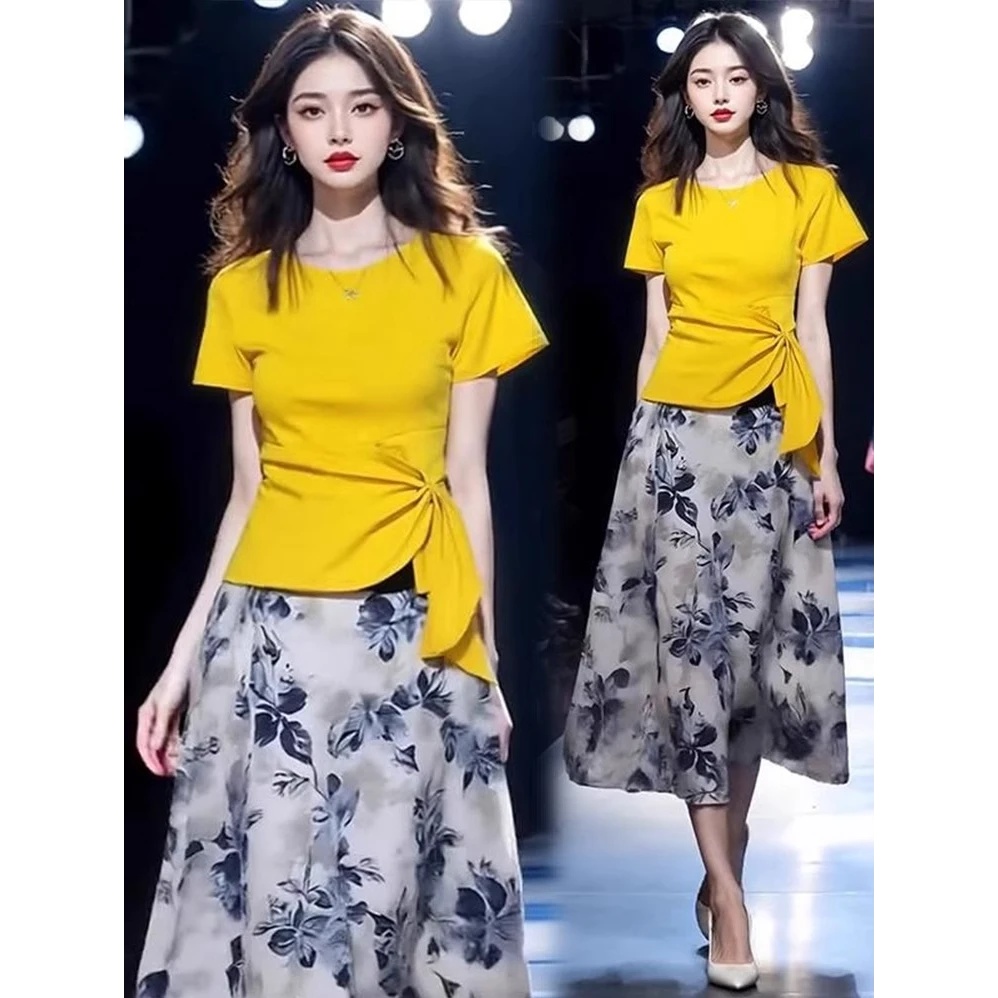 时尚套装裙女2025夏季新款褶皱显瘦短款上衣印花半身裙休闲两件套