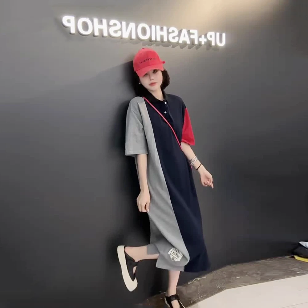 25夏季新款宽松拼色POLO休闲大码连衣裙女赫本风显瘦长款T恤裙子