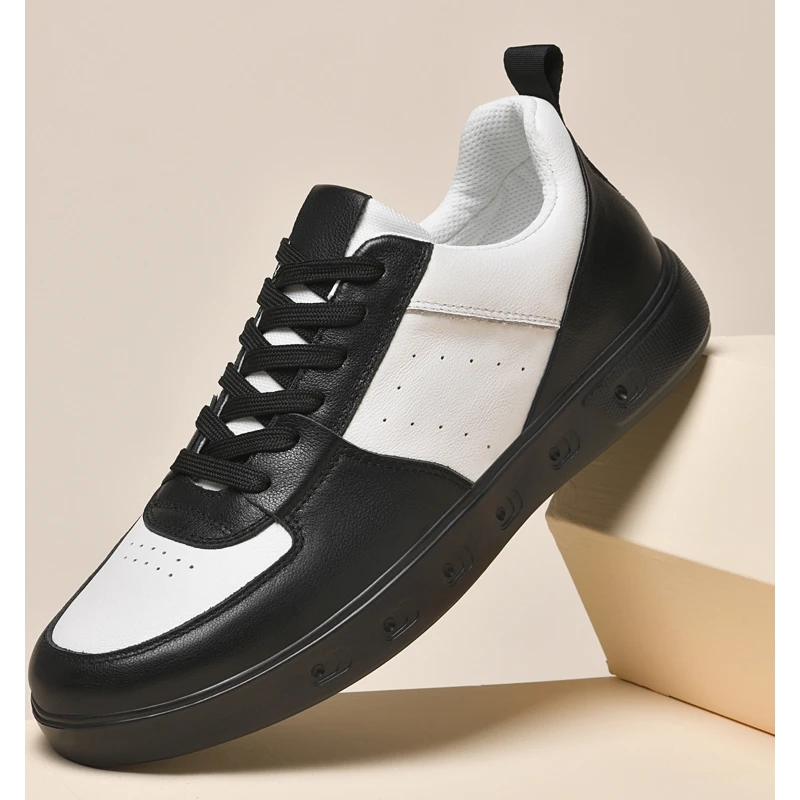 黑白色休闲男鞋真皮百搭青年英伦潮流透气时尚头层牛皮板鞋男厚底
