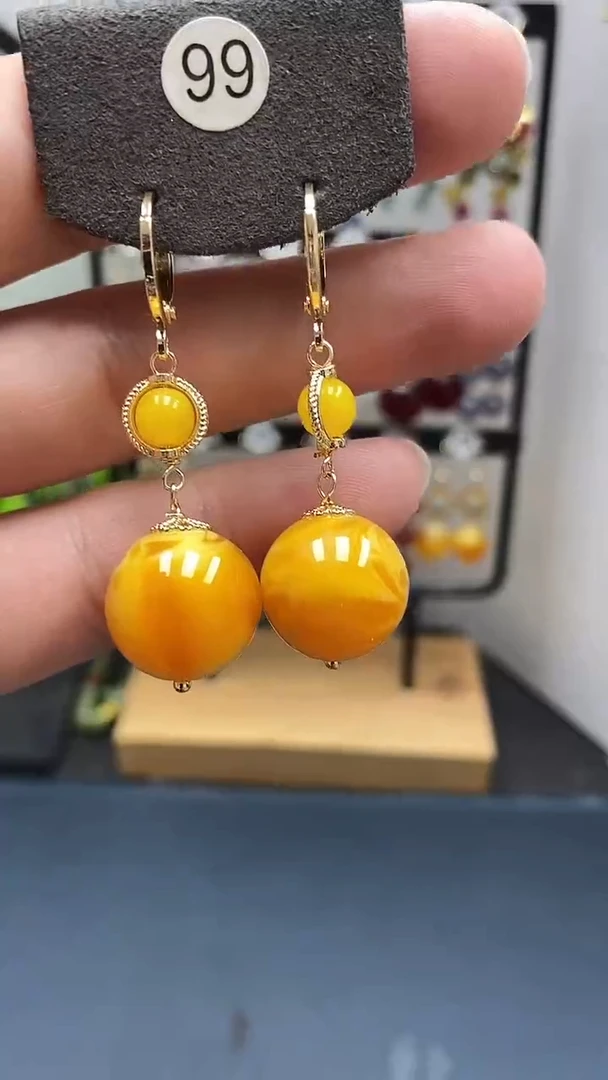 银S925镀金镶嵌蜜蜡耳饰尺寸16mm耳扣D1