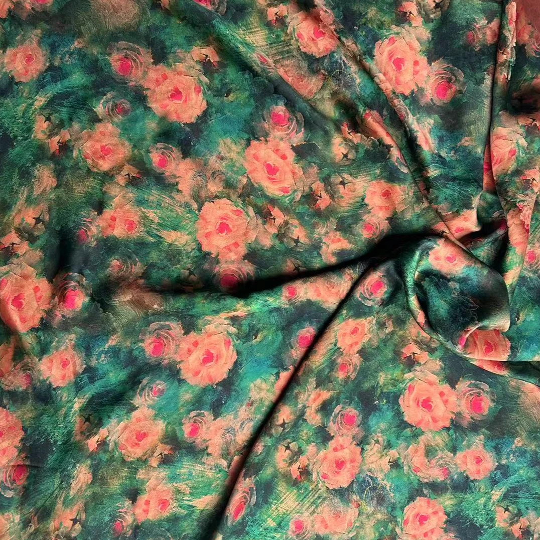 【多彩玫瑰】花罗28姆米丝绸面料100%桑蚕丝香云纱（开裁不退换）