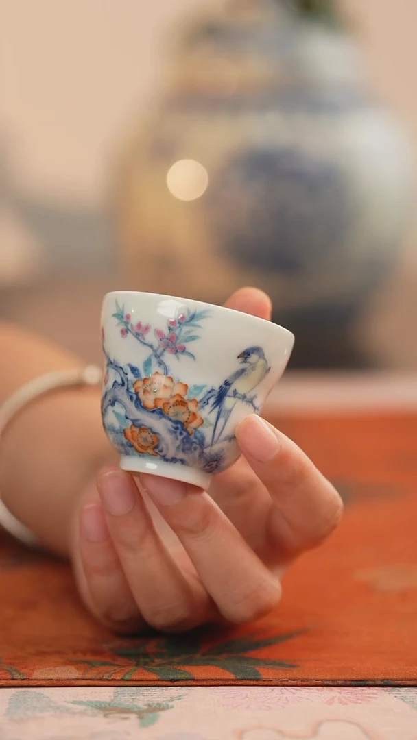 望玉斗彩花鸟葫芦杯