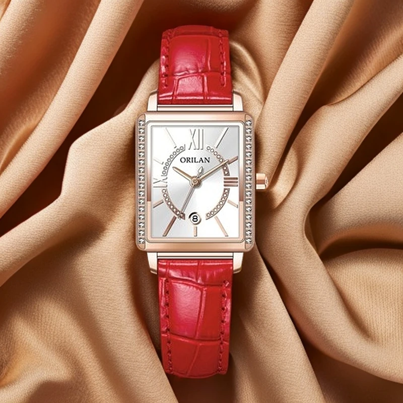 简约复古方形女表时尚气质防水石英手表学生腕表轻奢百搭女士红色