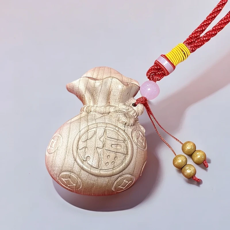 桃木福袋挂件手把件整雕泰山老桃木