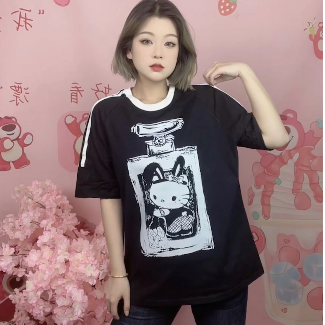 沐沐家 夏季纯棉T恤女圆领拼接插肩百搭高级感可爱KT猫短袖上衣潮