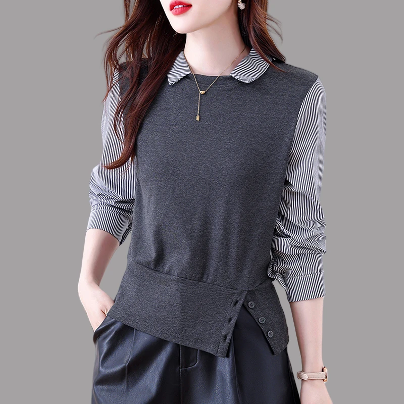 设计感假两件条纹翻领衬衫女士2025秋季新款时尚休闲气质百搭上衣