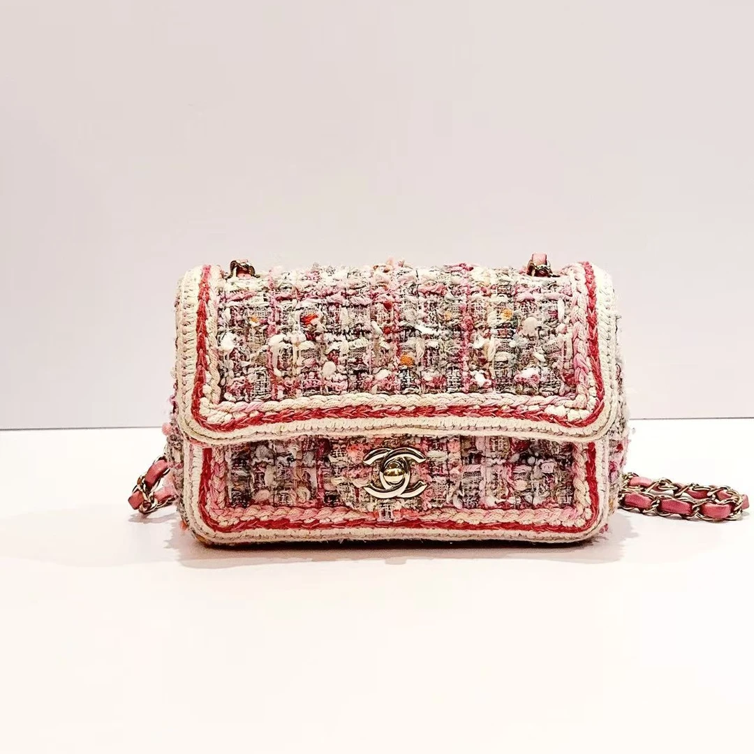 99新 Chanel/香奈儿 蔚蓝中古/泫雅风 粉色粗毛呢CF 大mini28开