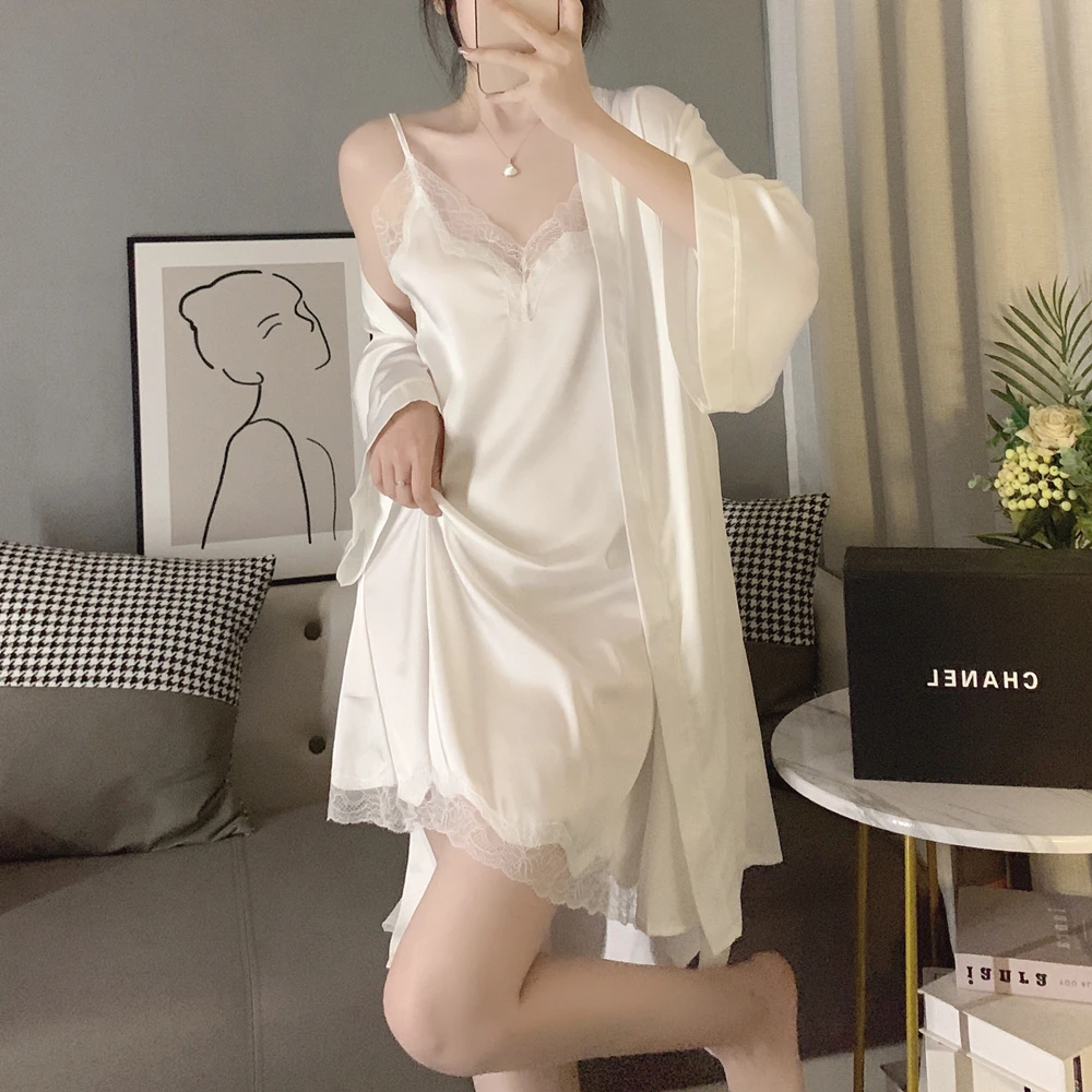 YIBIY冰丝睡裙女性感吊带睡衣春秋季薄款睡袍蕾丝纯欲风家居服套