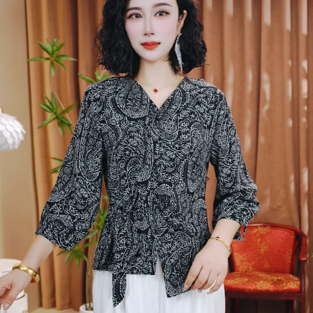 秋季新款休闲洋气七分袖气质百搭V领不规则显瘦开衫扣上衣小衫