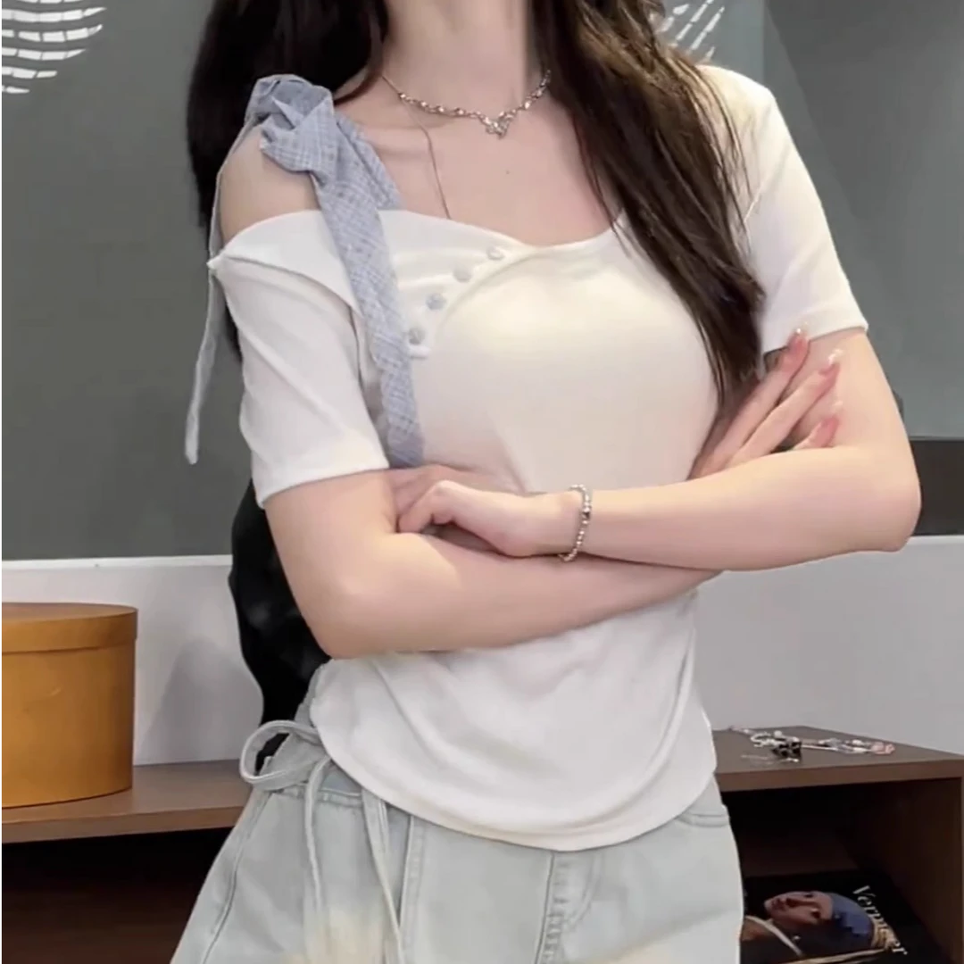 法式不规则绑带蝴蝶结短袖t恤女夏季纯欲风温柔甜美露肩打底上衣