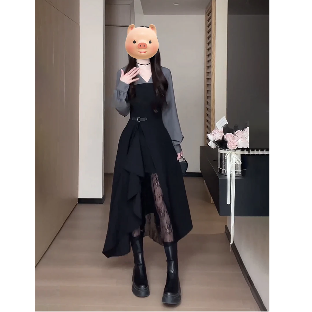 黑色假两件衬衫不规则蕾丝连衣裙子女2025新款早秋季流行风格长裙