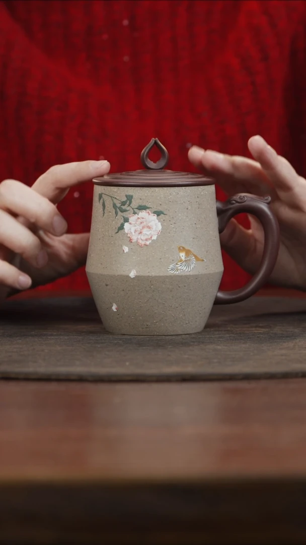【闪购商品】紫砂茶叶罐盖杯龙把定窑白收底泥绘小鸟牡丹