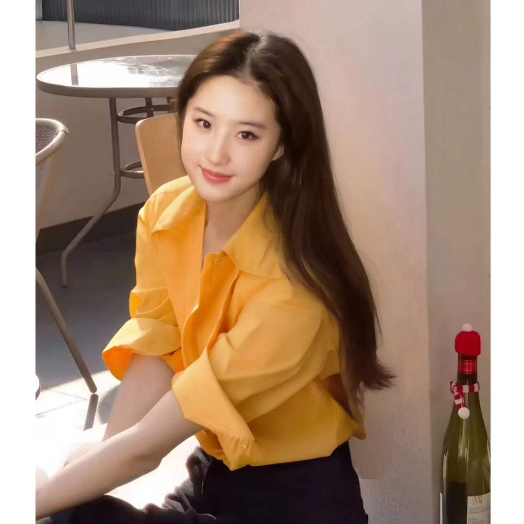 春季韩系穿搭衬衫黄色正肩衬衣独特超好看外套长袖上衣女百搭6665