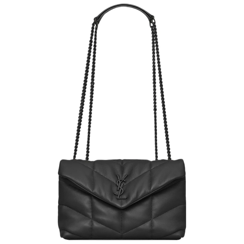 未使用 YSL/圣罗兰 PUFFER 字母徽标羊皮革斜挎单肩包女款黑色