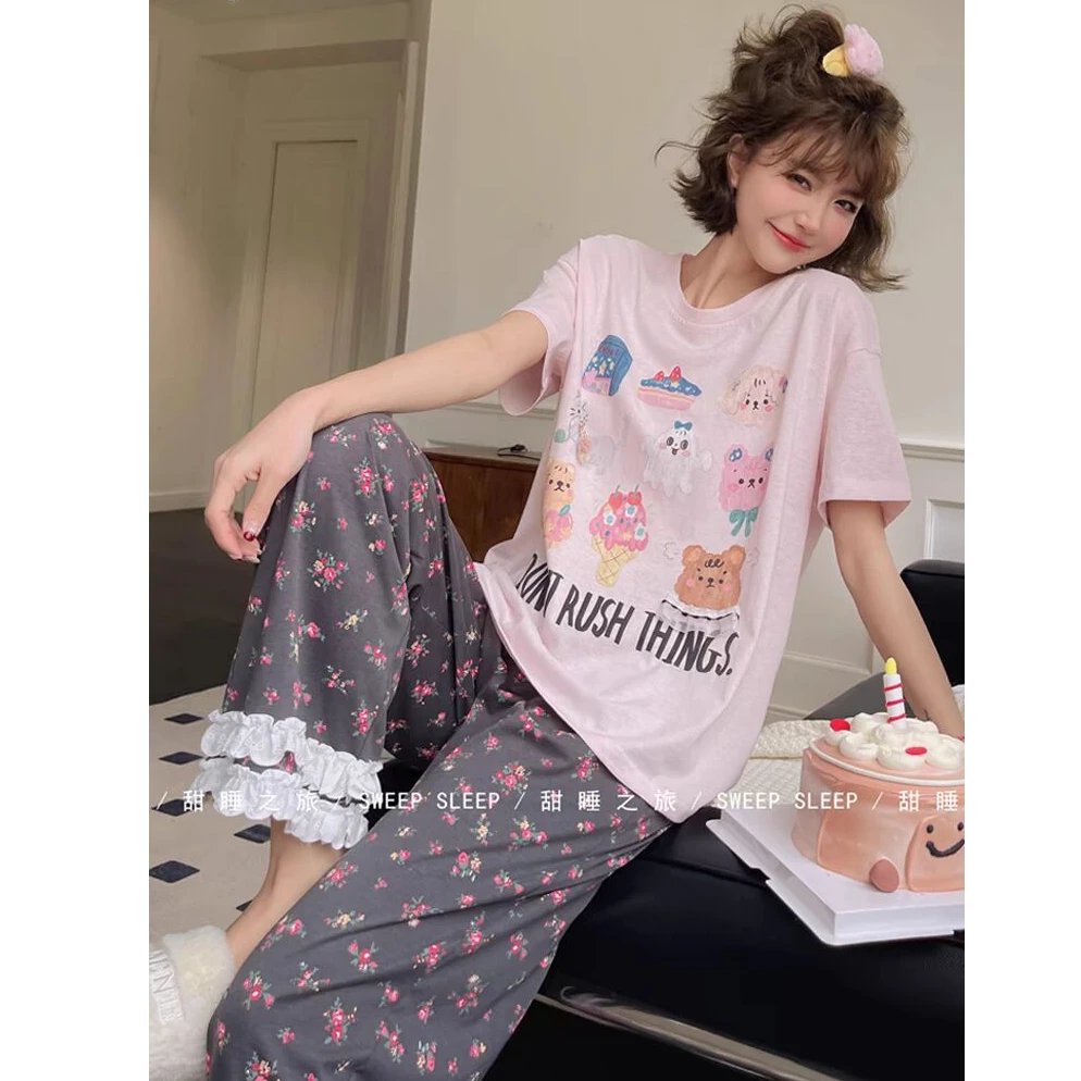 睡衣女夏季新款短袖长裤可爱卡通碎花花边纯棉家居服套装网红夏季