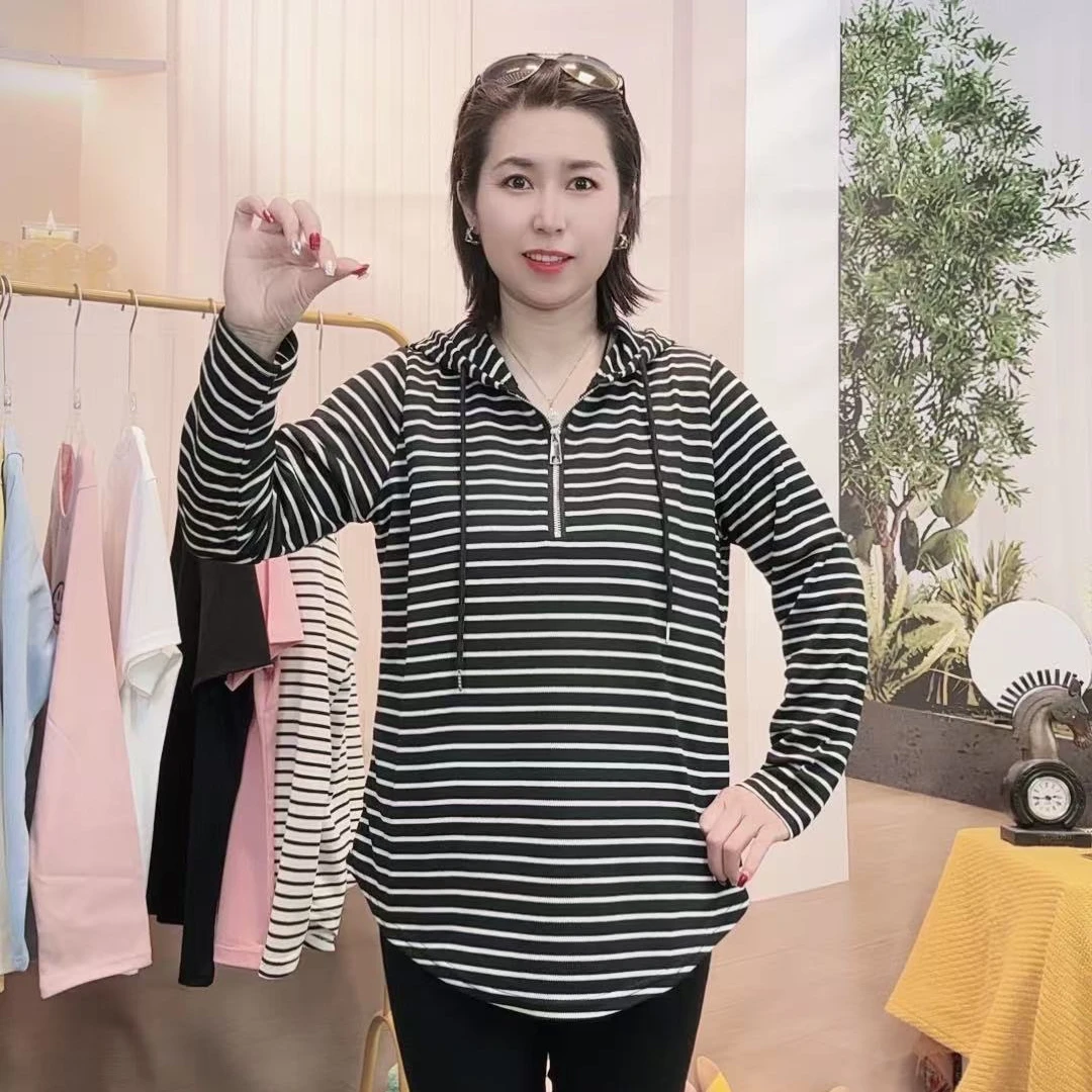 春秋新款长袖条纹连帽T恤宽松春季减龄韩版显瘦打底时尚休闲百搭