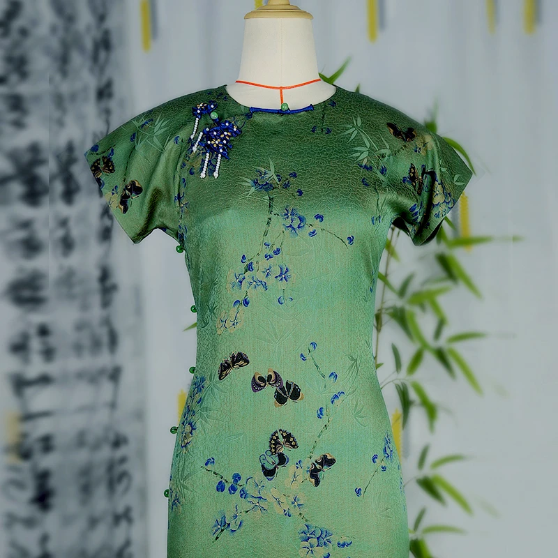 聂先生『花兰•蝶翼』细花罗红云纱清新雅致真丝旗袍NX9025-2-130