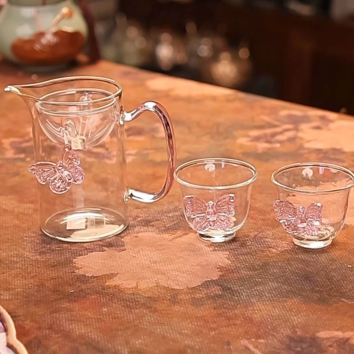 顶先 蝴蝶粉逍遥公道杯功夫茶具一壶二杯A12331