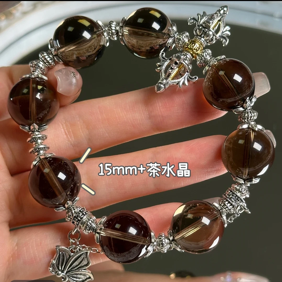 茶水晶大珠子手串，设计款，手工时尚