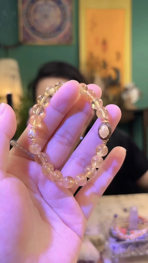 水晶手串银S925镶嵌黄水晶五条经文手串