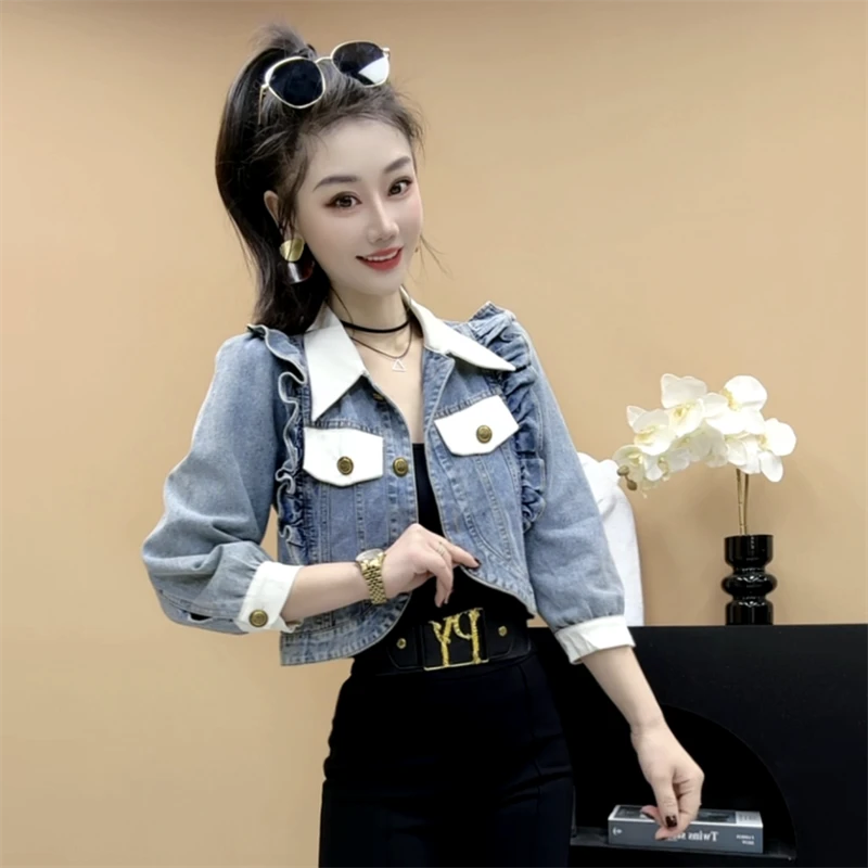 复古撞色木耳边拼色牛仔短款外套减龄设计感时尚百搭上衣