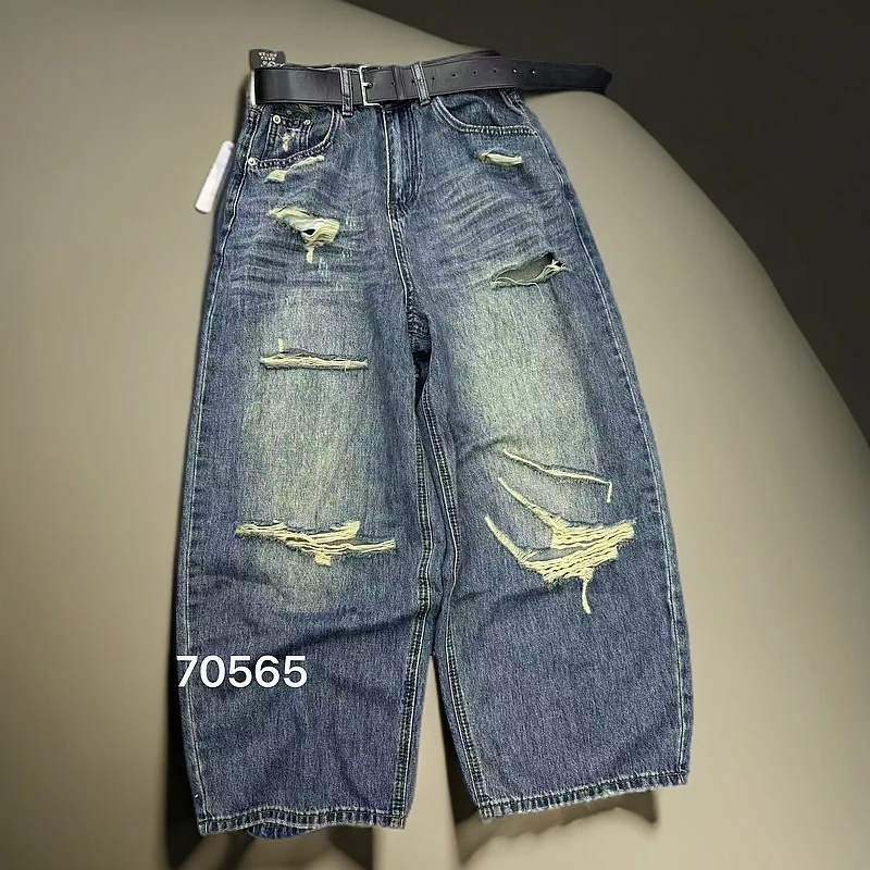 夏季薄款破洞牛仔裤时尚复古高街宽松水洗做旧设计感美式街头
