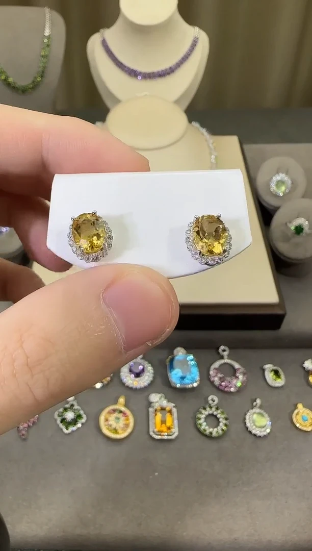 银S925镶嵌耳饰黄晶9*7mm耳钉简约款