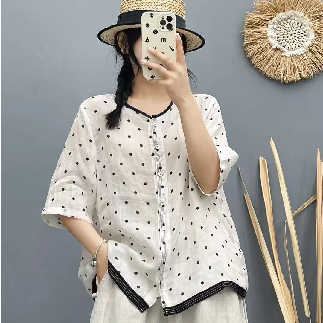 与曼 苎麻100%短袖印花夏季春夏新中式衬衫波点宽松休闲百搭FX