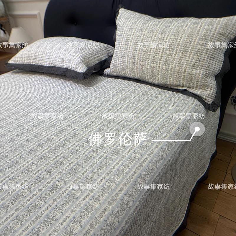 法式花边针织棉夹棉可水洗床盖软糯绗缝双面榻榻米床盖三件套