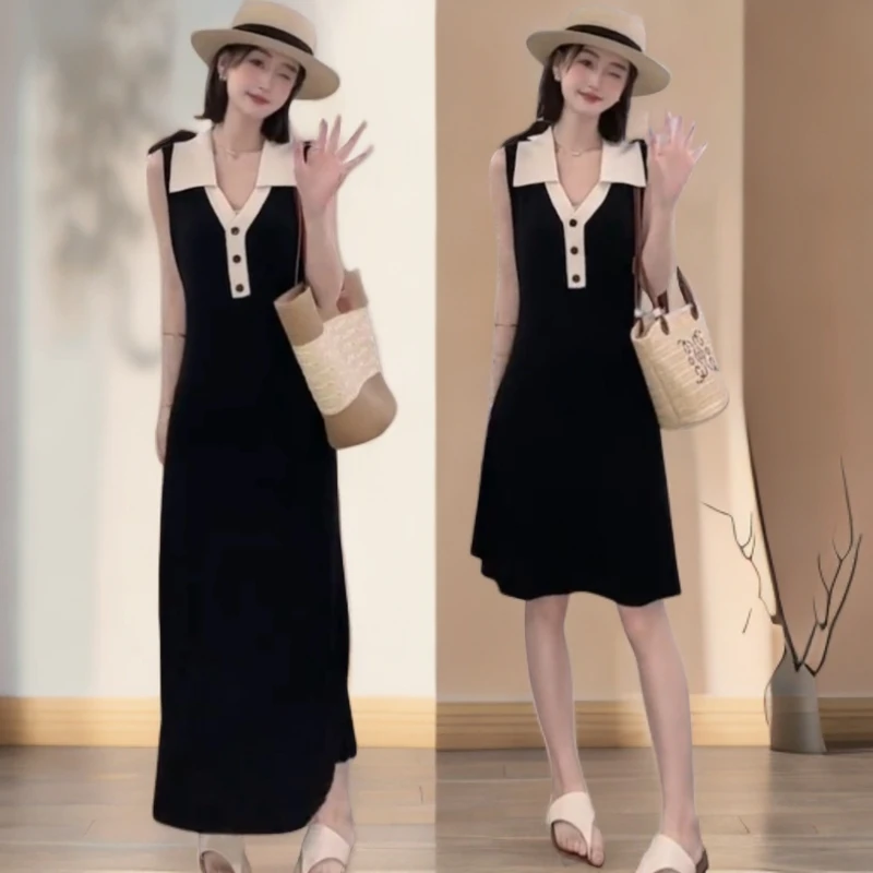 小众设计感气质韩版轻奢POLO领撞色显瘦小黑裙针织连衣裙子女款