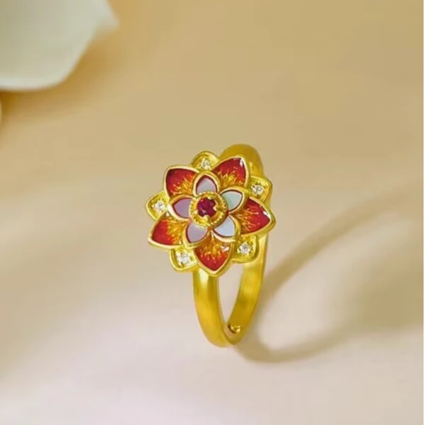双十二【赛菲尔万足】足精品金古法螺钿火莲花丝黄金珍珠戒指