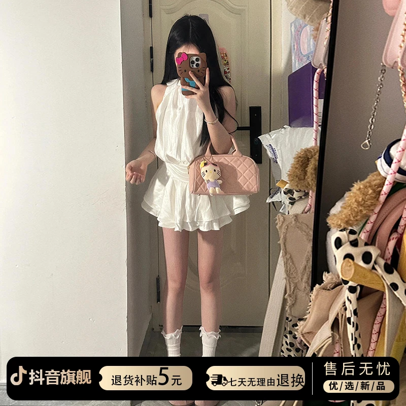 法式白色蝴蝶结挂脖连衣裙子女夏季2025年新款小个子无袖蛋糕短裙