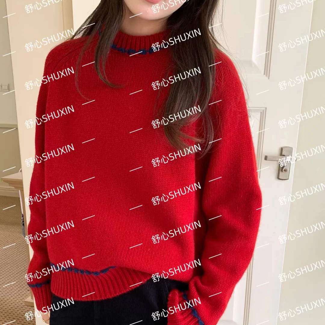 【舒心】法式圆领撞色毛衣女秋冬宽松显瘦小众甜美针织衫CLSX-0318