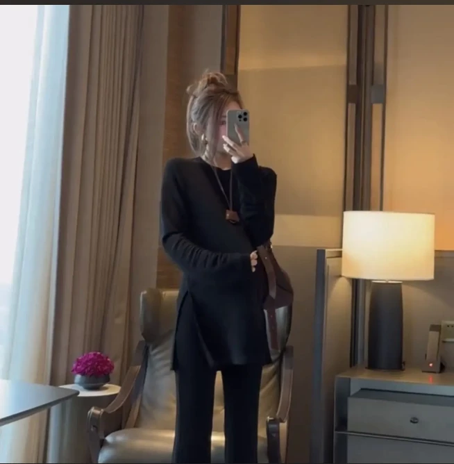 加绒款 两侧开衩中长款长袖T恤女宽松显瘦纯色百搭盖屁股上衣