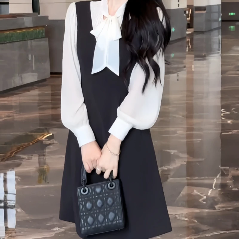 时尚洋气假两件连衣裙女秋季大码女装复古显瘦气质赫本风小黑裙子