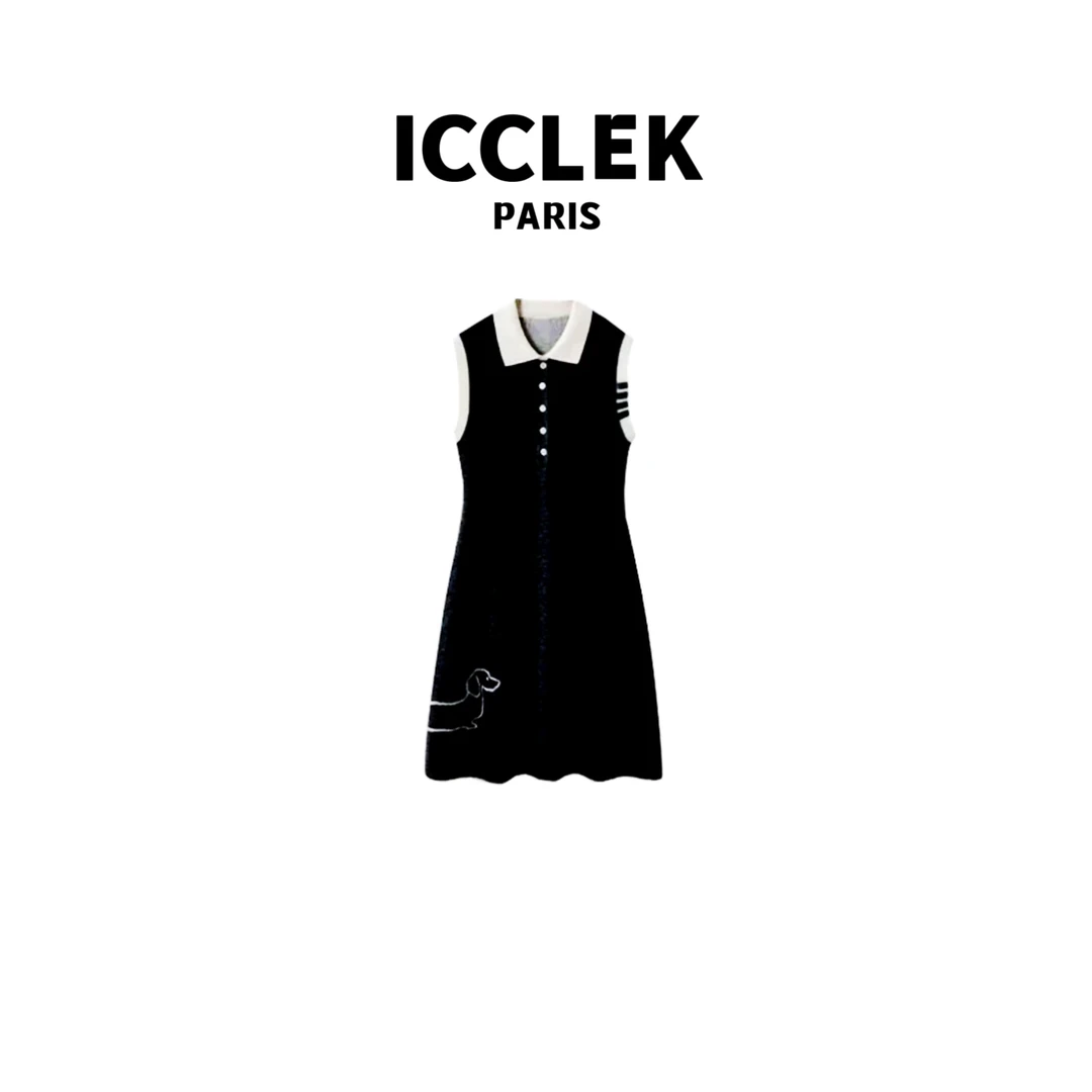 ICCLEK 翻领腊肠狗无袖连衣裙黑色轻奢名媛显瘦针织连衣裙 -1165