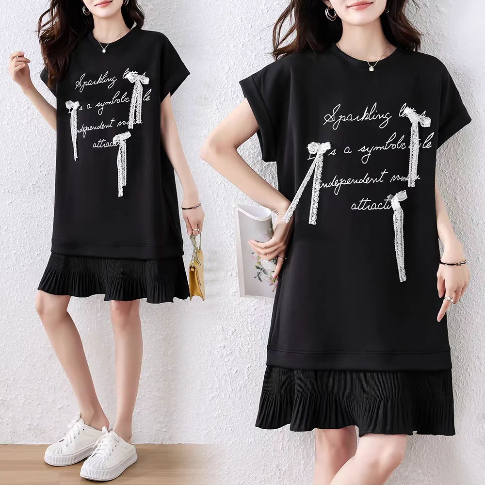 圆领常规款防风短袖字母拼接T恤黑色蕾丝韩版ol气质中长款