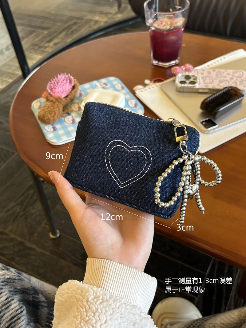 简约牛仔爱心刺绣卡包证件包耳机包零钱包口红包便携小包包耐脏