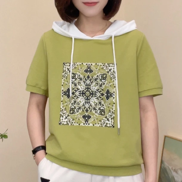 连帽印花短袖修身型极简风T恤夏季夏装春夏带帽宽松百搭显瘦