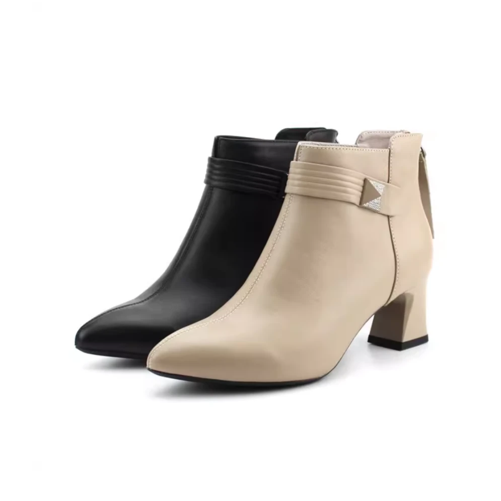 KANGNAI/康奈11146090真牛皮尖头拉链舒适粗中跟女短靴