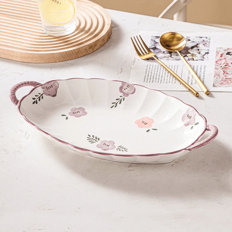 釉下彩紫萱花鱼盘餐具家用蒸鱼盘创意大号装鱼盘子双耳陶瓷盘餐盘