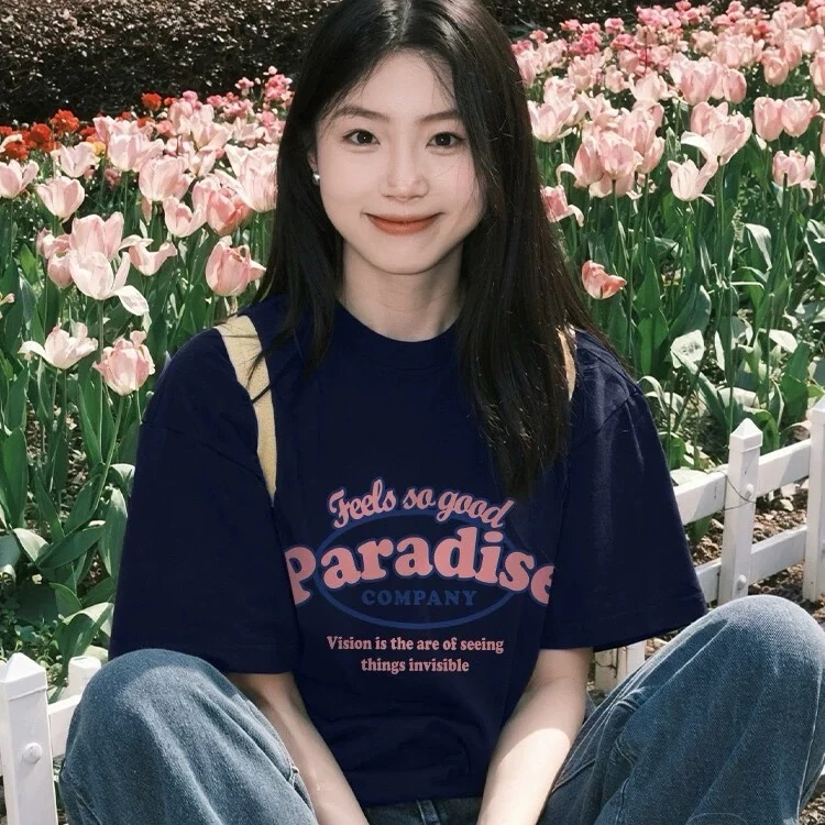 美式短袖t恤女2025新款爆款夏季藏蓝色宽松显瘦纯棉半袖独特上衣