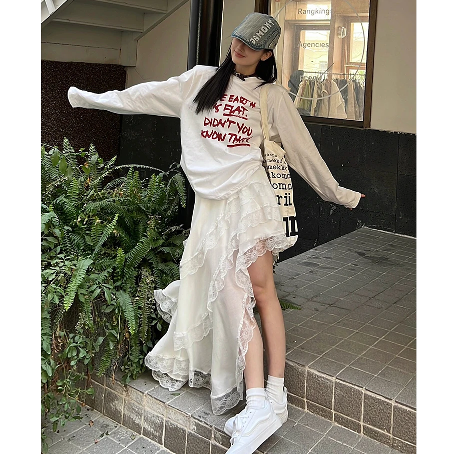 法式仙女裙ins超仙雪纺蕾丝花边半身裙松紧高腰不规则长裙子森系