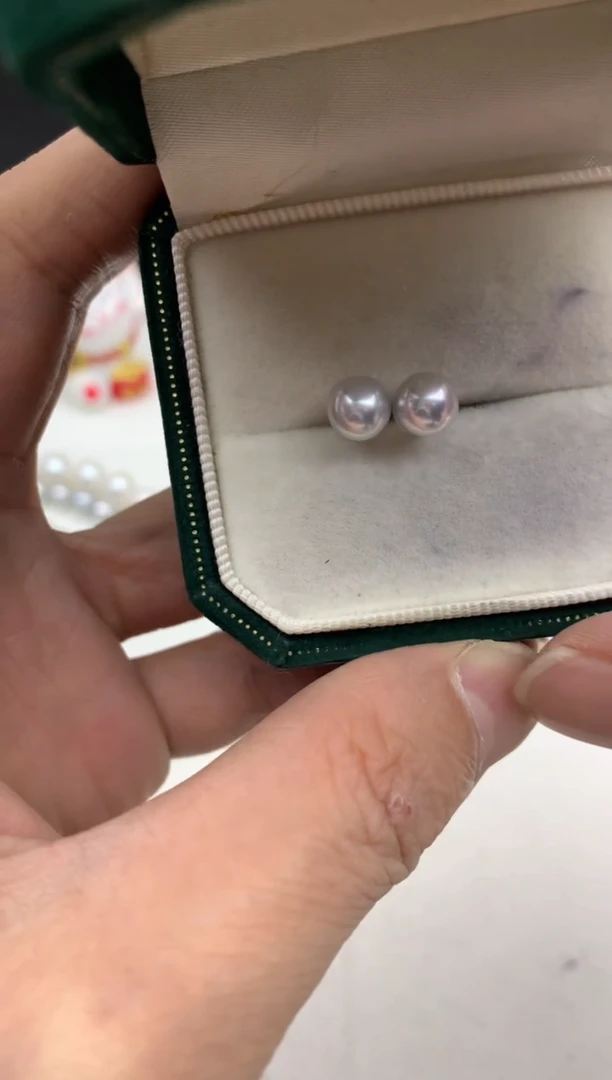 银S925镶嵌ff海水珍珠akoya灰珠耳饰6~7mm